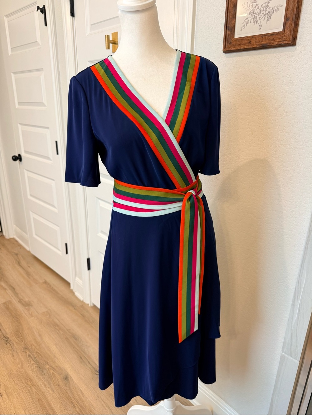 Tory Burch Navy Wrap Dress with Rainbow Stripe Trim